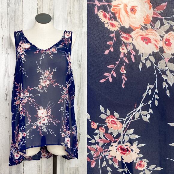 NWT Torrid High Low Chiffon Tank Top Blue Floral Semi Sheer Causal Preppy Size 0 - Picture 1 of 9